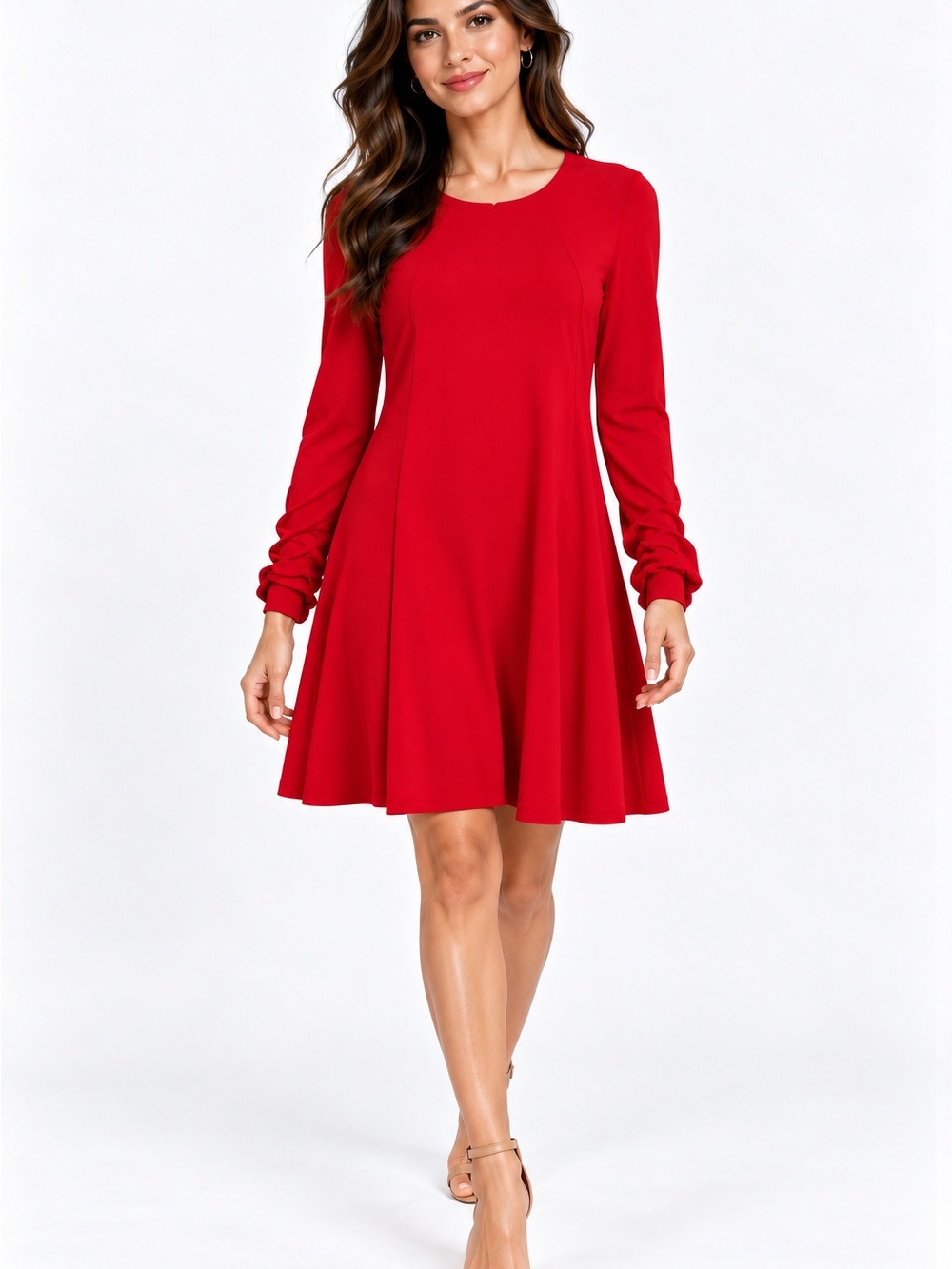 Lauren Ralph Lauren Women’s Size 12 Red A-Line Long Sleeve Dress Ruched Cuffs